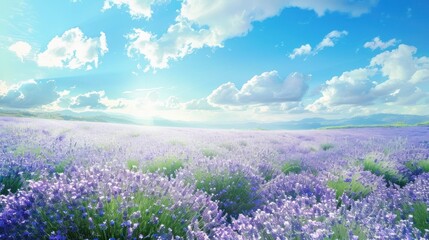 A serene scene of a field of lavender in full bloom under a clear blue sky, with a gentle breeze causing the flowers to sway slightly