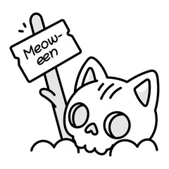Cat Skull with meow signboard, doodle style icon 

