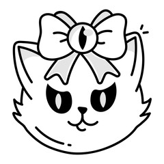 A sketchy icon of a spooky cat wearing a bow 