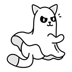 A cat hidden in a ghost costume, doodle style icon 
