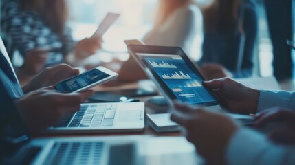 Business team collaborating on a marketing campaign using laptops and tablets
