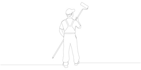 Continuous line vector design of a man standing painting a wall using a roller