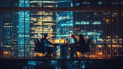 Business team working late into the night in a glass-walled office with city lights outside