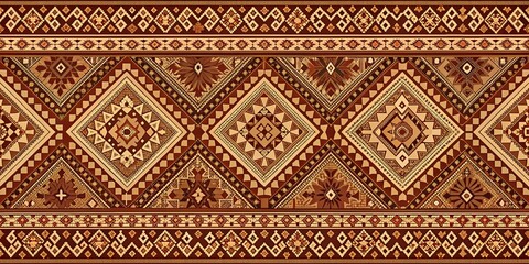 Intricate Geometric Tapestry with Brown and Gold Tones, Featuring Diamond and Square Shapes, and Elaborate Border