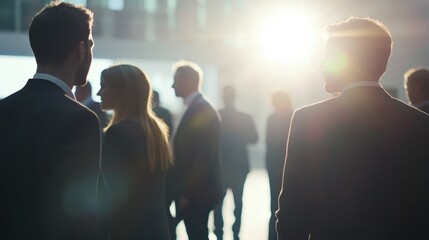 Businesspeople networking at a corporate event in a modern conference hall