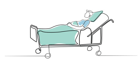Line art drawing of a sick person. Line art of a hospital patient lying in the ward