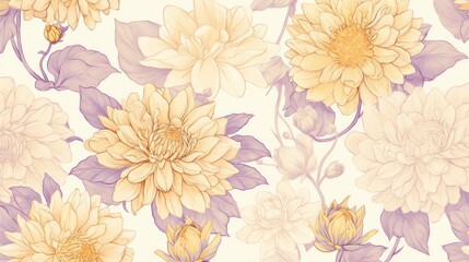 Seamless pattern featuring hand-drawn dahlia flowers in vibrant colors, showcasing intricate details and floral beauty, perfect for textiles, wallpapers, and stationery designs.