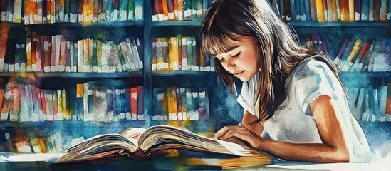 Fototapeta premium Girl Reading in Library