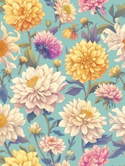 Seamless pattern featuring hand-drawn dahlia flowers in vibrant colors, showcasing intricate details and floral beauty, perfect for textiles, wallpapers, and stationery designs.