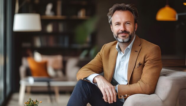 Confident Middle-Aged Man in a Brown Blazer and White Shirt Sitting on a Couch
