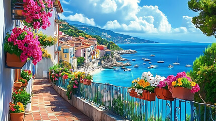 Beautiful seaside town in Spain colorful flowers and fence turquoise ocean scene digital painting. AI generate