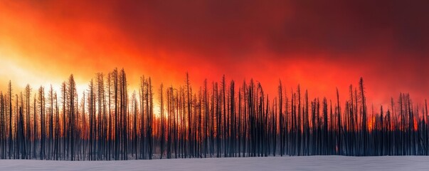 A dramatic sunset illuminates charred tree silhouettes against a vibrant sky, capturing the essence of nature's resilience.