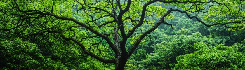 Fototapeta premium A serene view of a lush green tree surrounded by vibrant foliage, evoking tranquility and natural beauty in a peaceful setting.