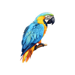 Fototapeta premium Blue and yellow macaws perched on a branch with green leaves are suitable for nature, wildlife, birds, and tropical themed designs. Generative AI