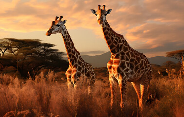 Obraz premium Two giraffes showing their high necks and prominent points 