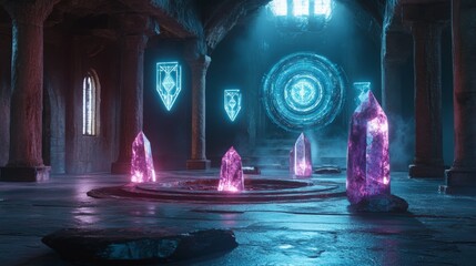 Obraz premium A 3D rendering of a futuristic crystal circle, energy waves visible in the air, with holographic symbols floating above each stone, in a glowing sacred chamber
