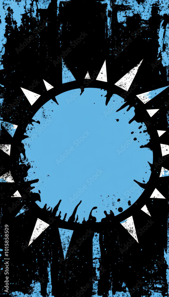 Sticker Black grunge circular frame with sharp white and blue triangles.