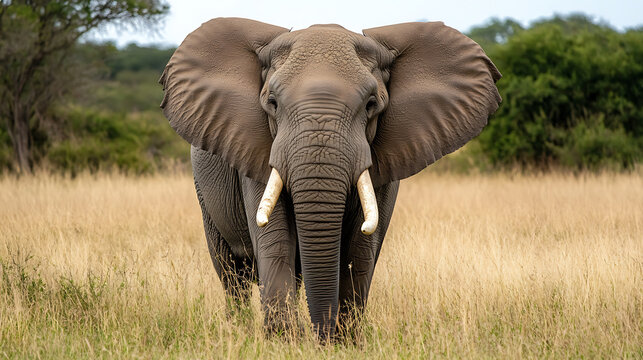 Majestic elephant walking through tall grass in nature, showcasing its grandeur