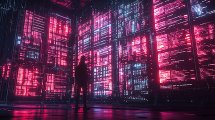 Silhouette of a person standing before a glowing red data wall in a futuristic cybersecurity control room