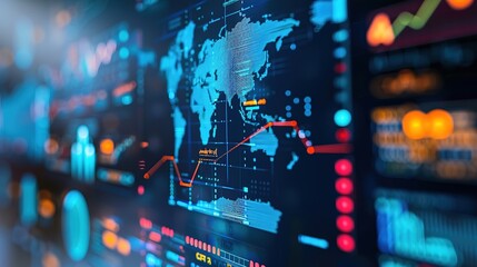 Close-up of digital world map with highlighted countries and trade routes, visualizing the impact of tariffs on global trade and rising economic tension through a graph.