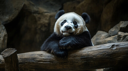 Fototapeta premium Panda resting on log, showcasing its playful and curious nature in zoo setting