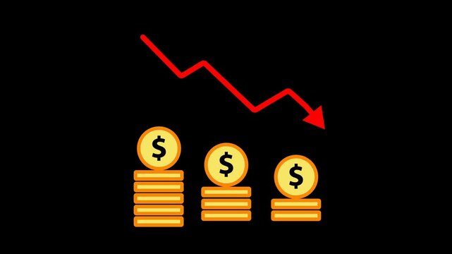 Dollar prices fall in financial statistics. graph rising prices in stock market and inflation. 2d animated video clip. 4k size without background. alpha channel