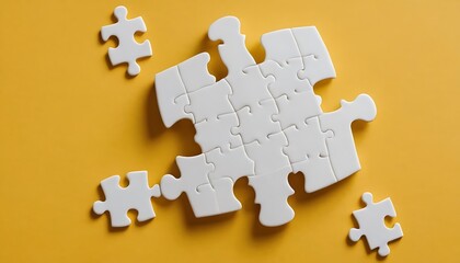 Obraz premium Three disconnected jigsaw puzzle pieces on yellow background. Concept of finding right solutions in teamwork.connection, idea, puzzle, teamwork, togetherness, piece, business, concept, pattern, yellow