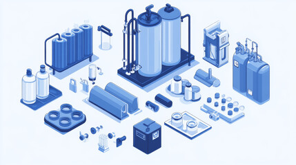 This illustration shows different parts of a water purification system, like filters, pumps, and wastewater cleaning units.