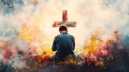 Fototapeta premium Christian man praying in front of a cross in a watercolor style. Digital watercolor painting.