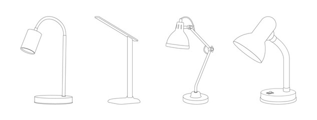 Flexible desk lamp set. Line art interior home and office decor desktop furniture. Different shapes and forms.