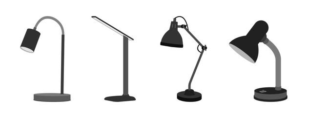 Flexible desk lamp set. Modern interior home and office decor desktop furniture. Different shapes and forms.