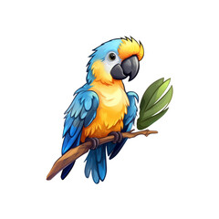 Fototapeta premium Blue and yellow macaws perched on a branch with green leaves are suitable for nature, wildlife, birds, and tropical themed designs. Generative AI
