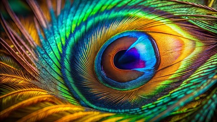 Obraz premium A peacock feather's iridescent eye, a kaleidoscope of vibrant hues, reveals the intricate beauty of nature's design.