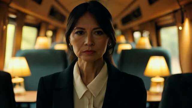 A focused 40-year-old asian woman sits facing the camera in a vintage train compartment with practical lighting