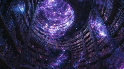 A circular library of ancient manuscripts, where floating books hover between rows of towering shelves, soft purple and blue magical auras illuminating the scene
