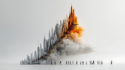 A diverse crowd of people walking separate paths that merge at the base of a towering golden ladder, representing various approaches to the shared goal of success. Ultra-Realistic, Photo Realistic 