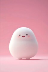 A cute, fluffy white character with a big smile stands on a pink background.
