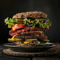 Giant, spectacular hamburger, isolated on black