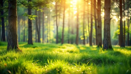 Obraz premium Sunlight filtering through the canopy of trees, illuminating a lush carpet of green grass in a forest clearing.