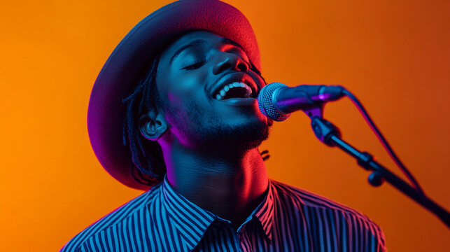 A young man throws his head back as he croons soulfully into a microphone against an orange background