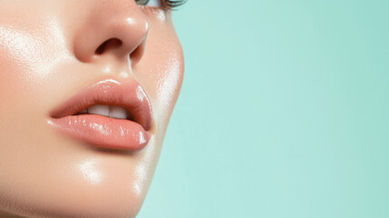 close up of clear and poreless skin showcases healthy, radiant glow. smooth texture and soft lips highlight beauty of well cared for skin, evoking sense of freshness and vitality