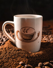 Obraz premium A coffee mug with a motivational quote printed on it. Place the mug amidst a mound of grinded coffee beans, with a few beans scattered in an artistic manner
