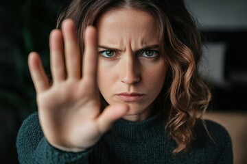 Fototapeta premium Woman standing alone in a quiet room, holding a small sign with a coat hanger symbol, representing abortion rights, with ample copy space for text or design.