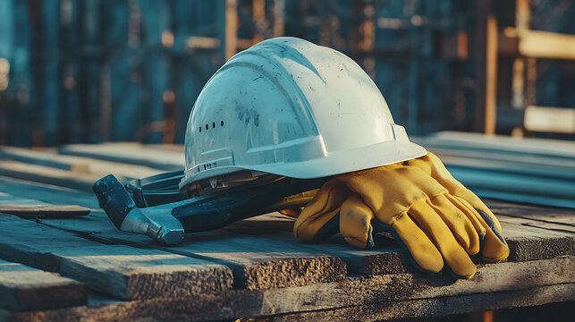 White construction helmet with gloves and tools on wooden surface
