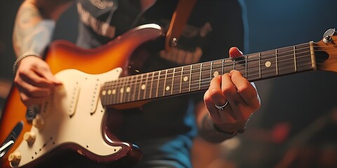 Obraz premium A close-up of a hand playing a sunburst electric guitar, the strings are in focus and the fingers are a blur from the fast playing.