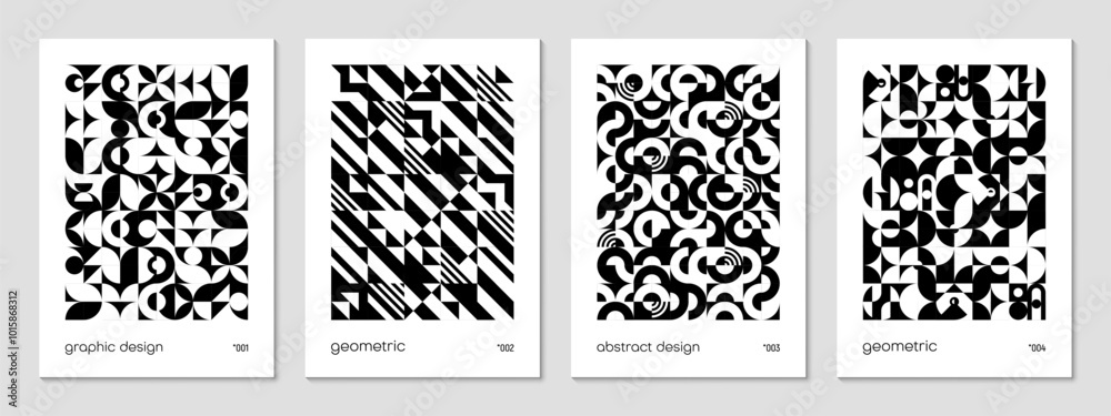 Poster Monochrome abstract geometric poster templates with modern shape patterns, vector backgrounds. Web banners or book covers and posters with geometric design of mosaic pattern of trendy elements
