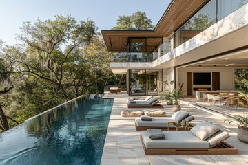 Fototapeta premium Modern outdoor pool with minimalist white marble and wood deck, loungers, and trees in the background.