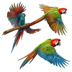 Fototapeta premium Red Macaw Parrot Collection: Sitting, Flying, and Isolated on Background - Portrait