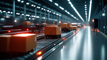 Fototapeta premium A bright, well-lit logistics facility where automated trolleys glide along, stacked with cardboard boxes, heading toward a line of waiting delivery trucks.