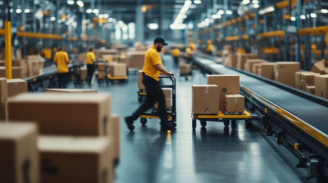 A bustling distribution hub, with workers moving trolleys filled with cardboard packages across the floor, while conveyor belts transport goods to different areas.